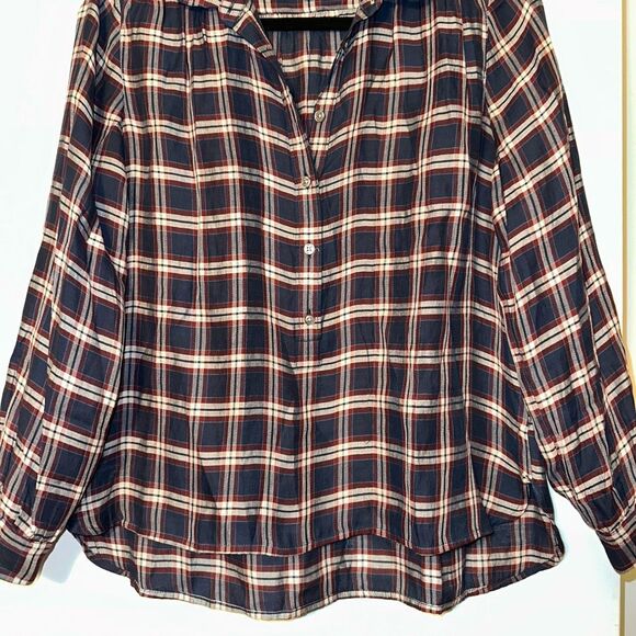 Ann Taylor LOFT SP The Softened Shirt Navy Red Plaid Half Button Collared Womens - Picture 2 of 9